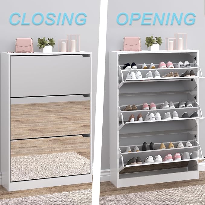 BORNOON Shoe Cabinet with 3-Flip Mirror Drawers, Freestanding Shoe Rack Organizer with Hidden Handle, Slim Narrow Shoe Storage Cabinet for Entryway, Entrance, Hallway, Bedroom - Image 5