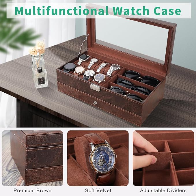 TomCare Watch Box 2-Tier Watch Case Jewelry Organizer Box with Thick Glass Lid Lockable Watch Organizer Jewelry Display Holder Sunglass Rings Necklaces Bracelets Storage Organizer for Men Women,Brown - Image 4