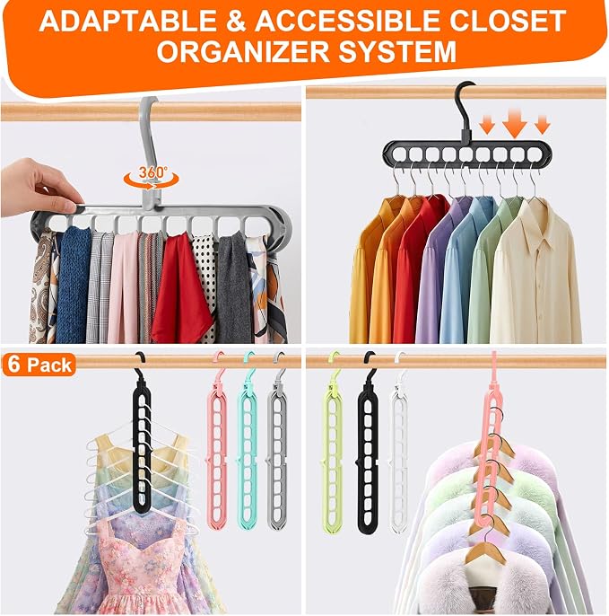 Closet Organizers and Storage,College Dorm Room Essentials,Pack of 6 Multifunctional Organizer Magic Space Saving Hangers with 9 Holes Storage Organization for Wardrobe Closet - Image 3