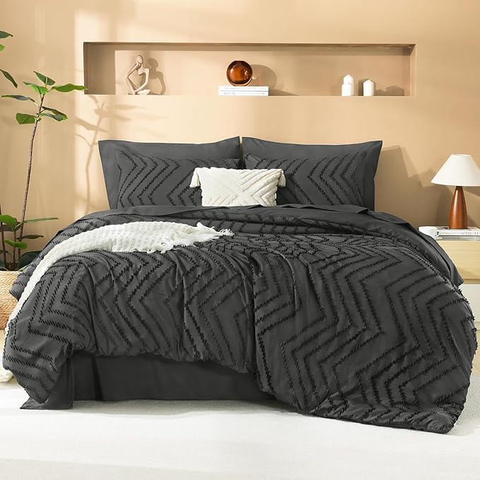 Litanika Dark Grey Queen Size Comforter Set with Sheets - 7 Pieces Bed in a Bag Queen Tufted Complete Bedding Sets with Comforter, Sheets, Pillowcases & Shams
