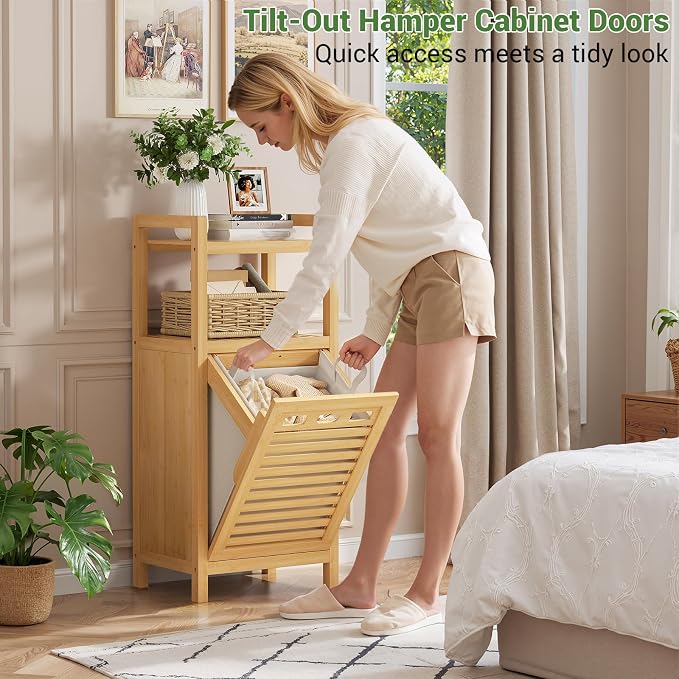 Homykic Tilt Out Laundry Hamper, 10 Gal Bamboo Laundry Storage Cabinet with Removable Basket, Hidden Hamper Organizer with Shelf for Dirty Clothes, Bathroom, Laundry Room, Space Saving, Natural - Image 3