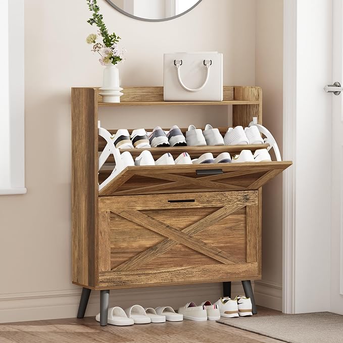 Homleke 32" W Farmhouse Shoe Storage Cabinet with 2 Flip Drawers and Barn Door Design, Adjustable Shelves, Hidden Slim Narrow Shoe Rack Cabinet for Entryway, Foyer, Hallway, Living Room, Rustic Walnut - Image 3