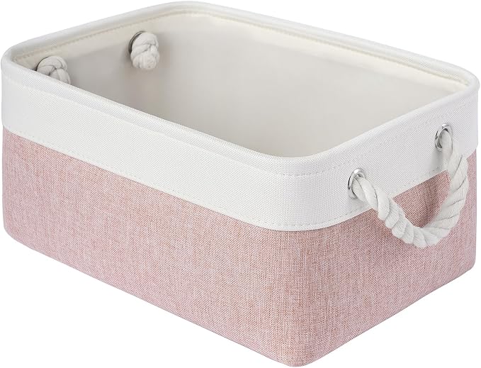 Storage Baskets for Shelves 13.8x9.8x6.7 Inch, Foldable Fabric Storage Bins with Handles, Small Storage Baskets for Organizing Closet, Office, Home Organization (1-Pack, White&Pink) by VQRTEXAStorageBasket
