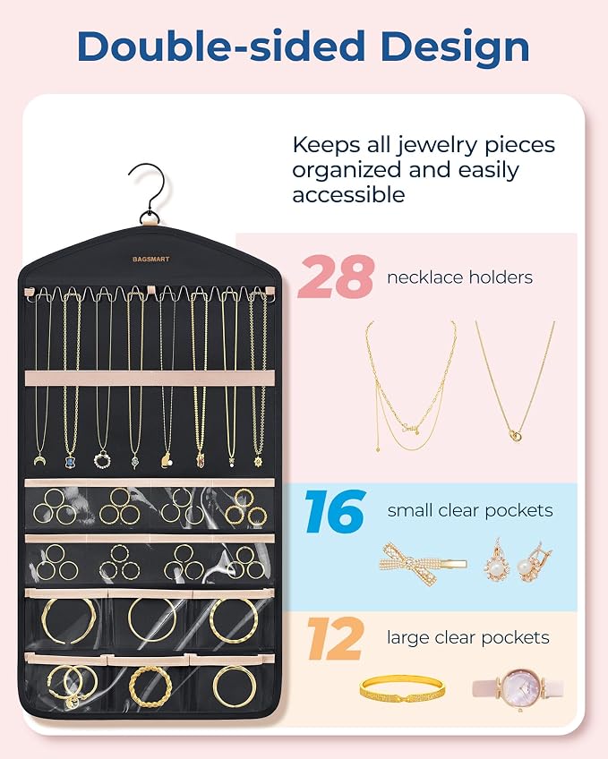 BAGSMART Hanging Jewelry Organizer with Hanger Metal Hooks Double-Sided Jewelry Holder for Organizing Earrings Necklaces Rings Perfect for in Hanging Closet, Wall, Door, 1 Piece, M, Black - Image 2