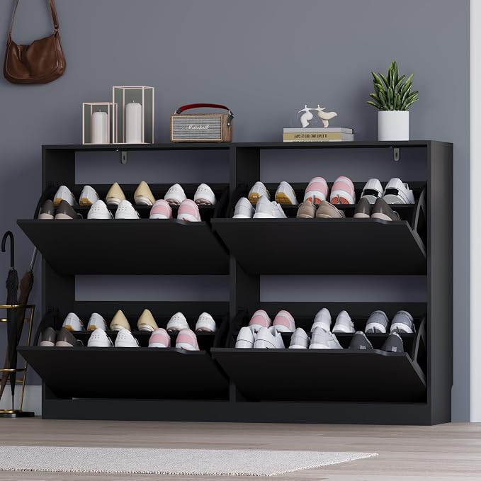 BORNOON Shoe Cabinet with 4 Flip Drawers, Narrow Hidden Shoe Storage Cabinet, Slim Freestanding Shoe Rack Organizer for Entryway, Hallway, Bedroom, Living Room - Image 7
