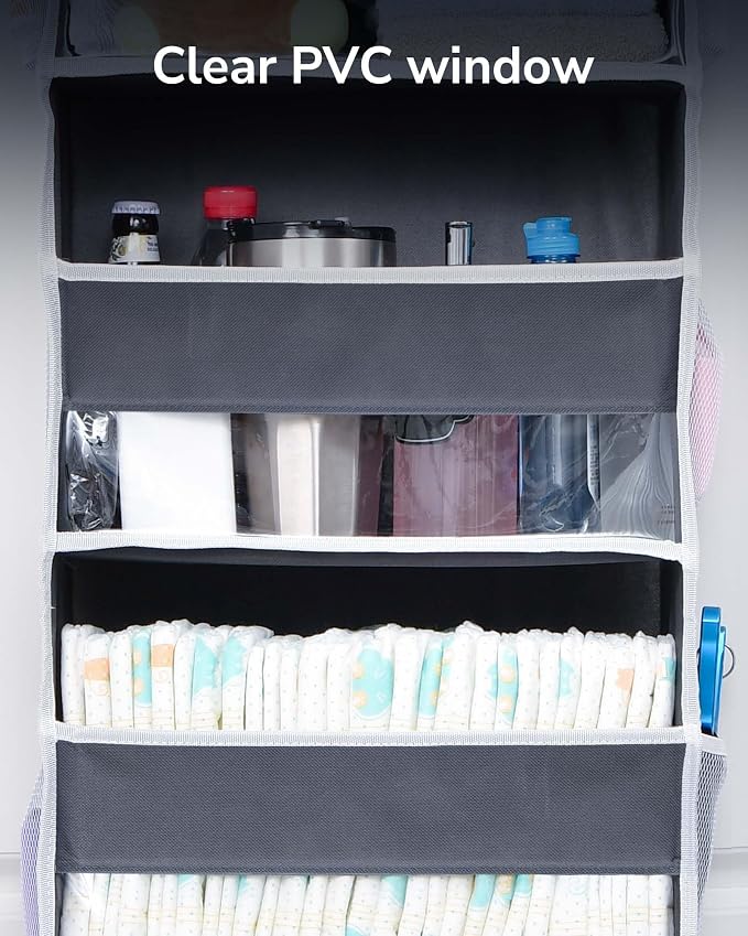 ULG 1 Pack Over Door Organizer with 5 Large and 10 Mesh Side Pockets, 44 lbs Weight Capacity Hanging Storage with Clear Window Kids Toys, Shoes, Diapers, Dark Grey, 5 Layers - Image 4
