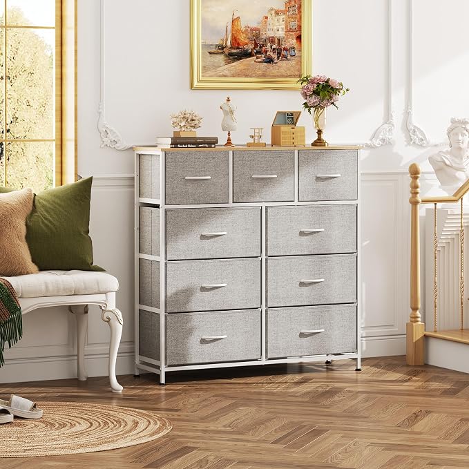 WLIVE 9-Drawer Dresser, Fabric Storage Tower for Bedroom, Hallway, Entryway, Closet, Tall Chest Organizer Unit with Fabric Bins, Steel Frame, Wood Top, Easy Pull Handle, Light Grey - Image 8
