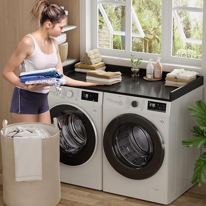Aheaplus Washer and Dryer Countertop, Laundry Room Organization with Non-Slip Pads, Wood Shelf Topper with Round Corner Edge Rails, Folding Organizer for Laundry, 54" W x 27.5" D, Black - Image 3
