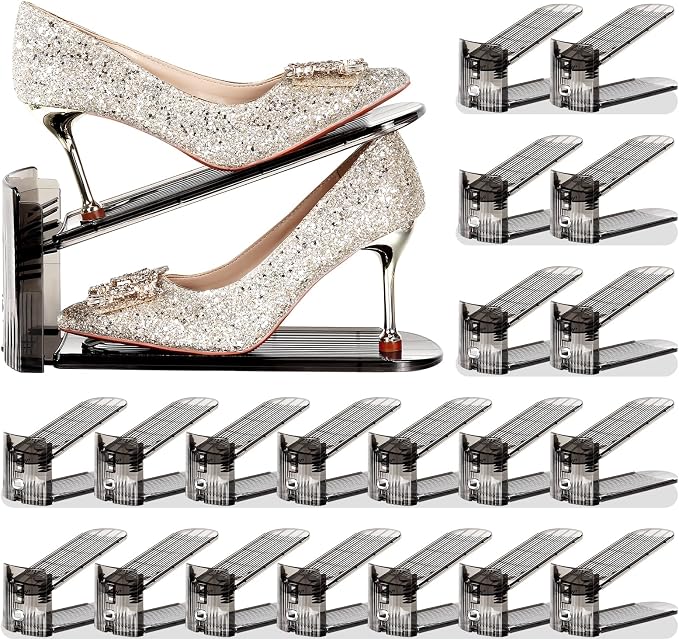 Shoe Slots Organizer 20 Pack - Shoe Stacker,3 Levels Adjustable,Space Savers 50%,Double Layer Holders for Closet (Black),Organizador de Zapatos by Tgzwme