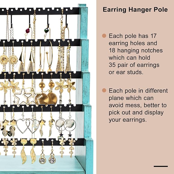 Pinzoveco Earring Organizer, 5 Layer Earring Holder Organizer with Necklace Holder Pole, Rustic Wood Jewelry Organizer Stand Display for Stud Earring Bracelet Necklace Ring, 175 Earring Holes - Image 4