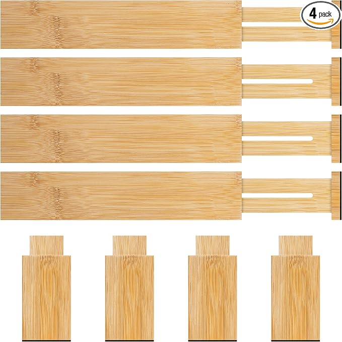 4 Pack Bamboo Drawer Dividers Organizer with Inserts 2.6'' High, Expandable from 12.5-21.7", Adjustable Drawer Organizer Separators for Utensils, Clothing, Office, Dresser, Bedroom, (Beige) by BESHOF
