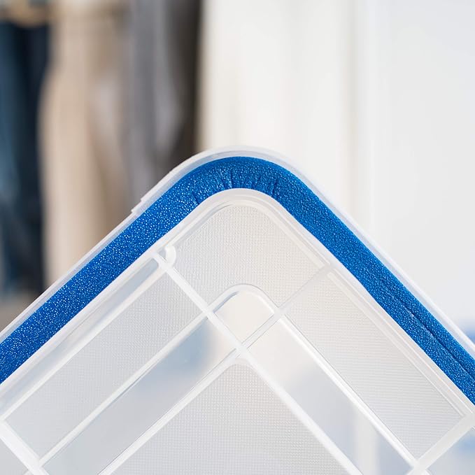 IRIS USA WeatherPro 27 Qt Storage Bins with Lids, 3 Pack, BPA-Free Plastic Gasket Box with Tight Latch and Seal, Stackable Nestable Tote Tub - Clear/Blue - Image 7