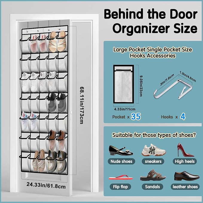 Kotkn 35 Compartment Over The Door Storage - Breathable Mesh Hanging Organizer with Large Pockets, Space Saving Design for Men & Women's Footwear, Closet, Bedroom （White） - Image 3