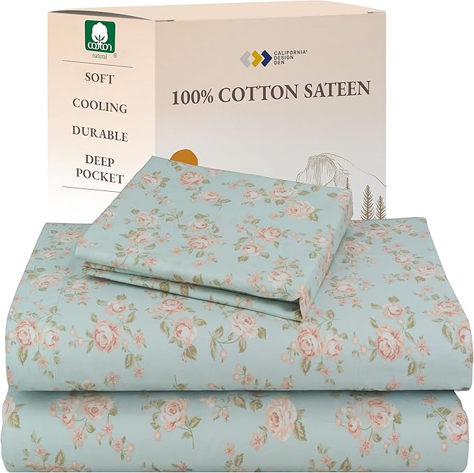 California Design Den Rose Sheet Set Twin, 100% Cotton 12" Pocket Twin Sheets & Pillowcase Set, Soft Sateen Weave - Vintage Rose