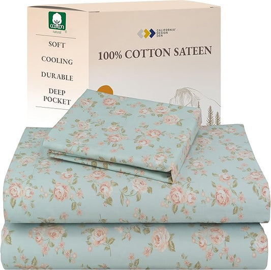 California Design Den Rose Sheet Set Twin XL, 100% Cotton 12" Pocket Twin XL Sheets & Pillowcase Set, Soft Sateen Weave - Vintage Rose