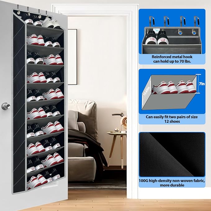 shoe organizer,70 Pounds Large Capacity,20-30-Pair over the door shoe organizer,10 Tiers shoe rack for closet,New upgrade Anti-scratch heavy duty hook and Bamboo material Baffle, Black/Grey - Image 3