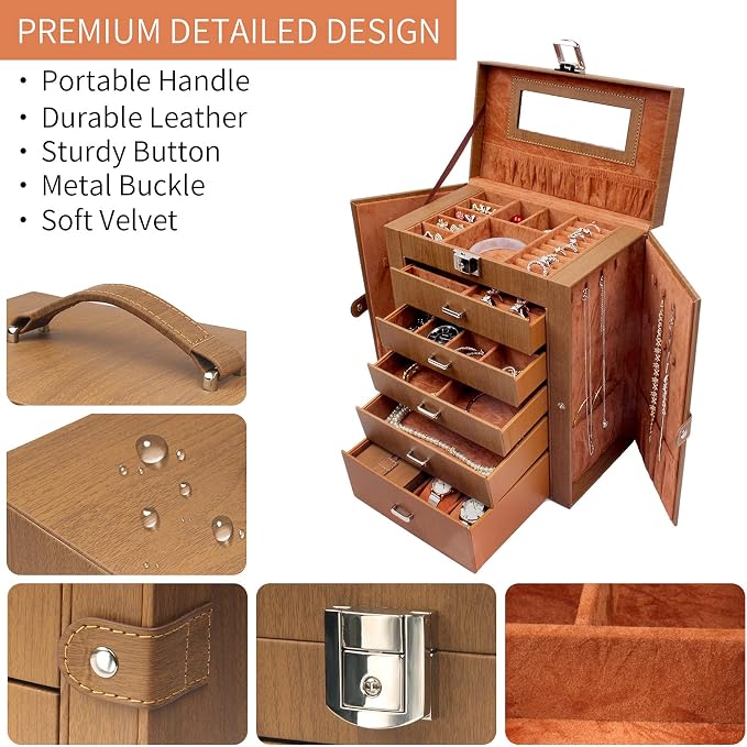 6 Tier Jewelry Box, Jewelry Case with 5 Drawers, Large Storage Capacity, with Mirror, Lockable, Jewelry Storage Organizer, Gift for Loved Ones - Image 7