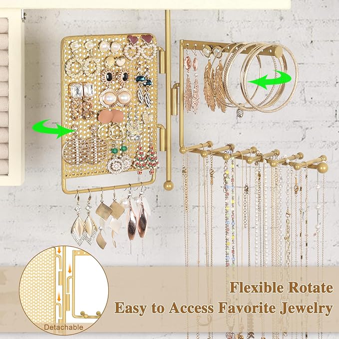 SOLIMINTR Hanging Jewelry Organizer Wall Mount with Rustic Wood Shelf, Ring Display Box, Ear Studs Earring Holder, Rotating Necklace Holder Organizer Gold - Image 3