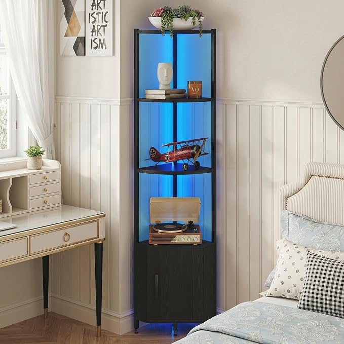 Corner Shelf with Storage, LED Lights 6-Tier Corner Bookshelf, 66'' Organizer Book Shelf Shelves Steel Frame Display Stand with Living Room, Bedroom, Study, Black - Image 5