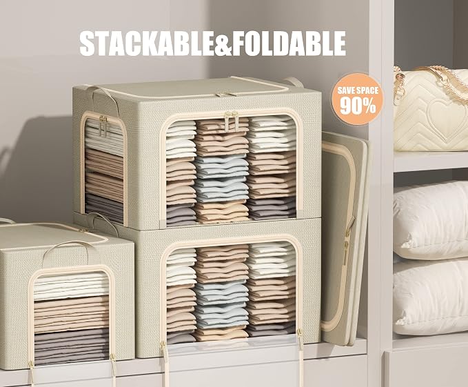 3 Opeings Large Clothes Storage Bins with Metal Frame, Foldable Storage Bin for Clothes, Clothing Storage Bins with Lid, Linen Storage Box With Clear Window＆ Zippers＆ Durable Handles.(3 Pcs,Beige,66L) - Image 2