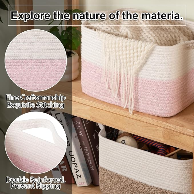 OIAHOMY Woven Storage Basket for Shelves, Rectangle Cotton Rope Baskets for Organizing, 13 x 10 x 9 in, Storage Bins for Dog Toys,Towel,Books,Gift,Pink and White - Image 7