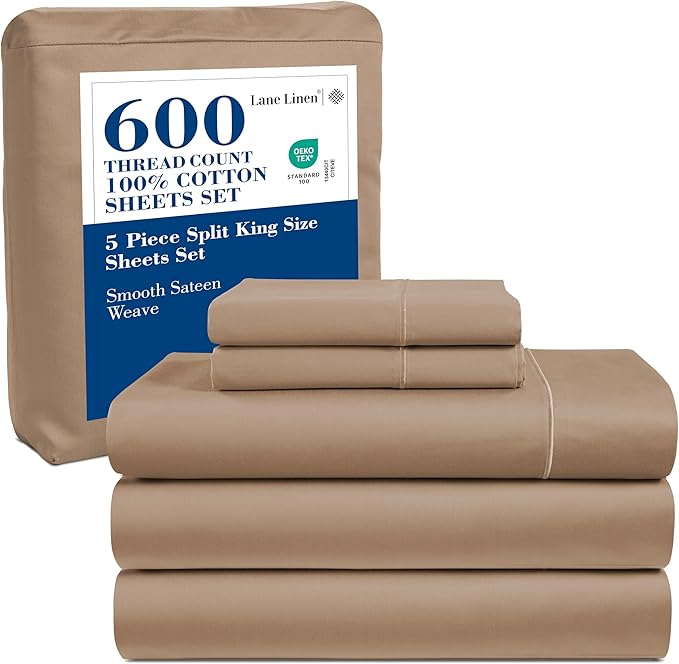 LANE LINEN Split King Sheet Sets for Adjustable Beds - 5 PCs, 600 Thread Count Split King Sheets Set - Sateen Weave King Split Sheets - Split Top King Sheets Set for Adjustable Bed - Taupe
