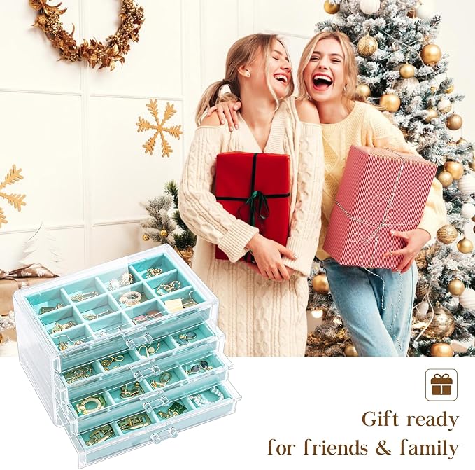 Lolalet Earring Holder Organizer Box Jewelry Storage with 4 Drawers, Clear Acrylic Stackable Earring Case with Adjustable Velvet Trays for Women on Dresser Vanity -Aqua, 4 Layers - Image 7