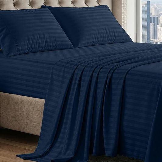 LANE LINEN 100% Egyptian Cotton Sheets King Size, Fully Elasticized Reinforced Seams Extra Deep Pocket King Sheet, No Pill Fade Resistant Cooling Sheets King Size Damask Stripe - Navy