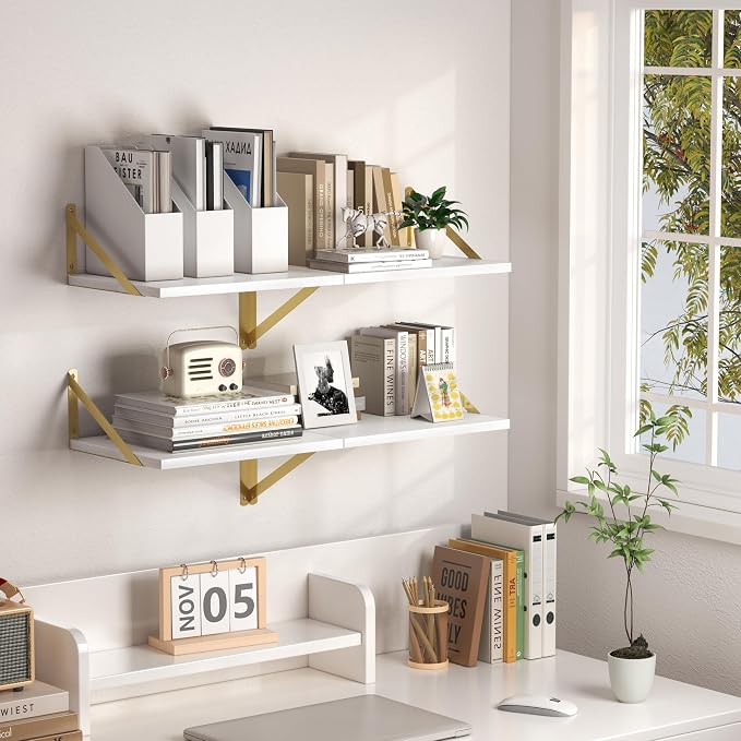 Heimlove Deep Floating Shelves for Wall, 16W x 12D Wood Wall Shelves Set of 2, Wide Floating Bookshelf for Living Room, Kitchen, Office, Bedroom and Decor Storage, with Golden Bracket - White & Gold - Image 5