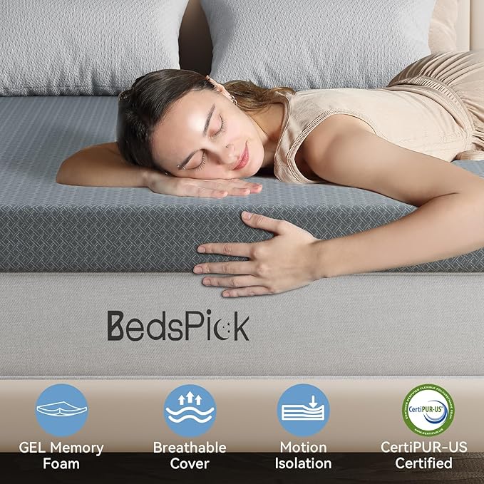 BedsPick King Mattress Topper, 3 Inch Gel Memory Foam King Size Topper - Soft Cover with Adjustable Straps, Pressure Relief, CertiPUR-US Certified, Grey