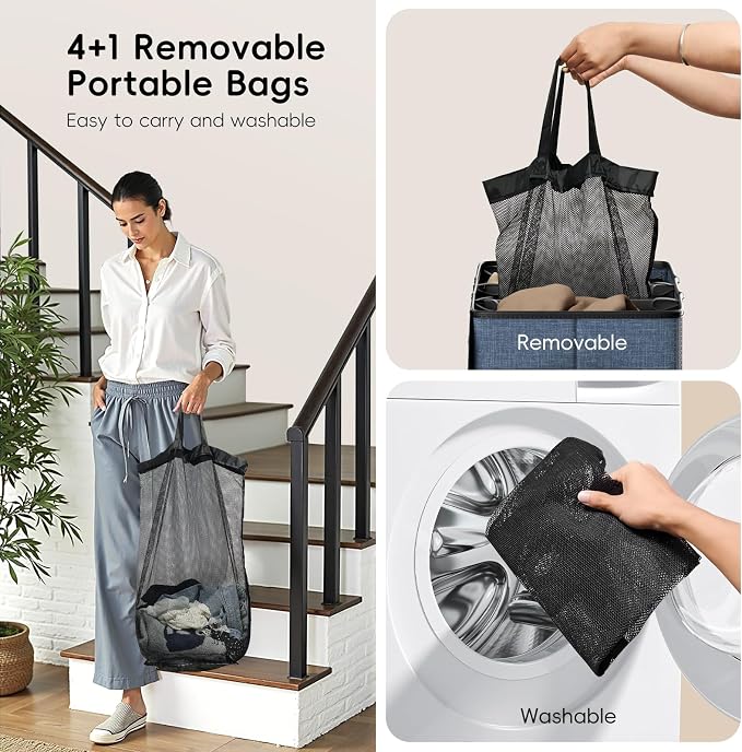 Laundry Hamper 4-Section with Lid, 185L Laundry Sorter with 4 Removable Bags + 1 Extra Large Bag, Switchable 3/4 Compartment, Laundry Basket Organizer for Bedroom, Laundry Room，Navy Bule - Image 5