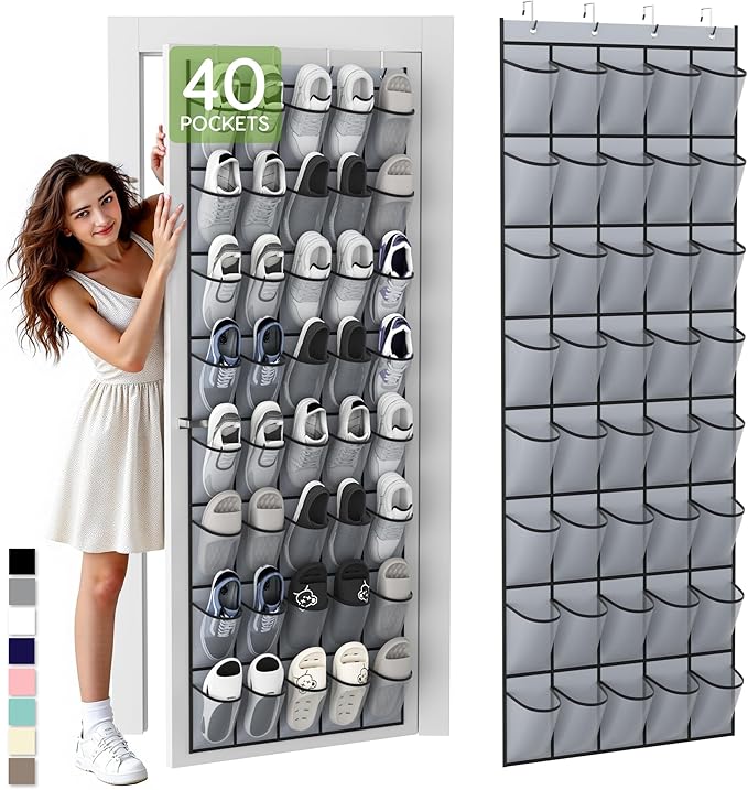 Unjumbly Over the Door Shoe Organizer with 40 Large Breathable Mesh Pockets, Space Saving Shoe Holder, Hanging Shoe Rack for Entryway Bedroom Closet Storage (Grey, 40 Pockets) by Unjumbly