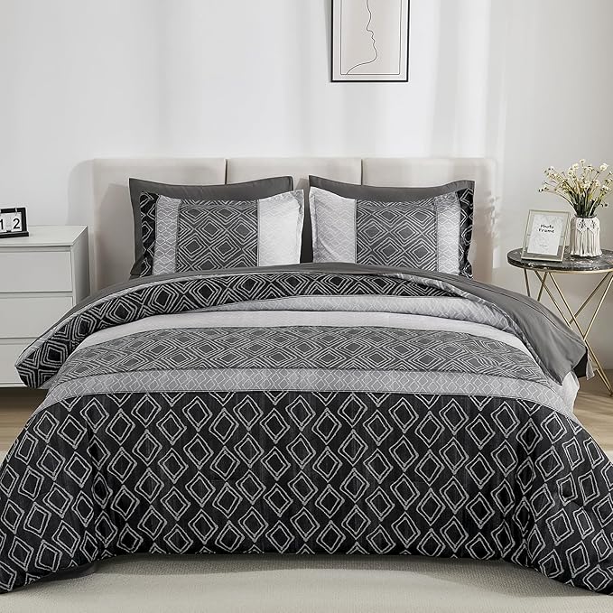 Dinjoy Black/Gray King Size Comforter Set, Warm Boho Bed in a Bag King 7 Pieces Fall Striped Bedding Mens Comforters Sets Patchwork Bed Sets Complete Decor for Women Winter