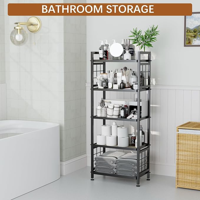 GIOTORENT 5-Tier Pantry Shelves with Wooden Boards, Heavy Duty Storage Shelves & Book Shelf, Adjustable Metal Shelving Unit for Kitchen Bathroom Laundry Organizer, Sturdy Rust-Resistant, Black - Image 7