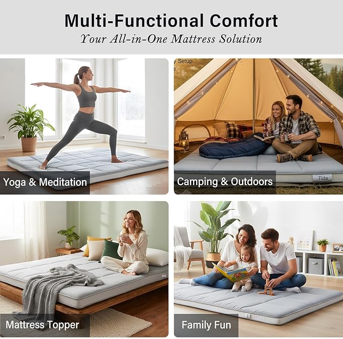 Tiita Floor Mattress Memory Foam Mattress Topper, 4" Thicken Futon Mattress with Storage Bag and 2 Straps, Portable Roll Up Travel Car Camping Mattress Sleeping Pad Full Size, Grey
