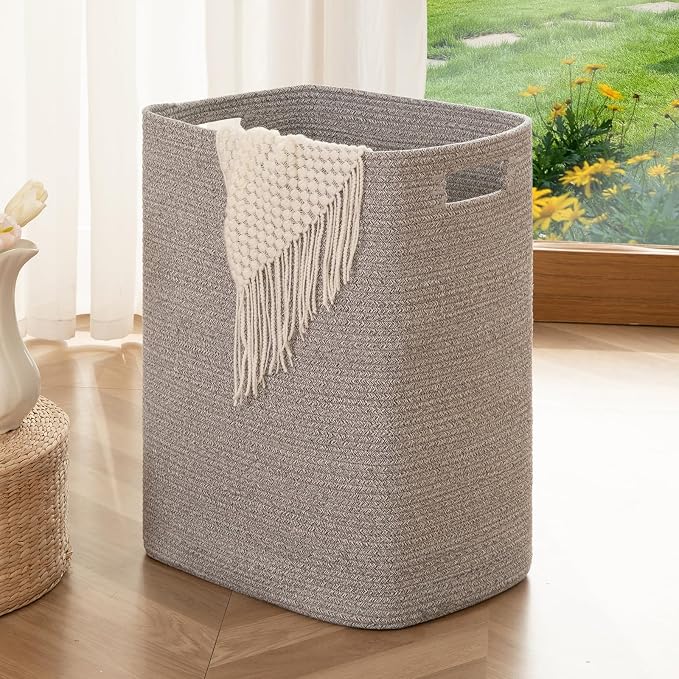 OIAHOMY Laundry Hamper, Laundry Basket，Rectangle Cotton Storage Basket with Handles, Large Blanket Basket for Living room, Woven Decorative Storage for Toys,Clothes,Pillows-16x13x22in-Grey variegated by MasterofSpaceOptimization