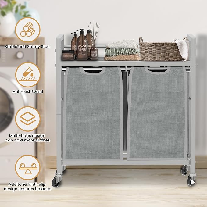SwaaVee Laundry Hamper, Laundry Basket, Laundry Sorter with 3 Removable Bags, Clothes Basket with 3 Compartments, Wheels, Shelf for Laundry Room Bathroom Bedroom (2 Bags-Gray) - Image 6