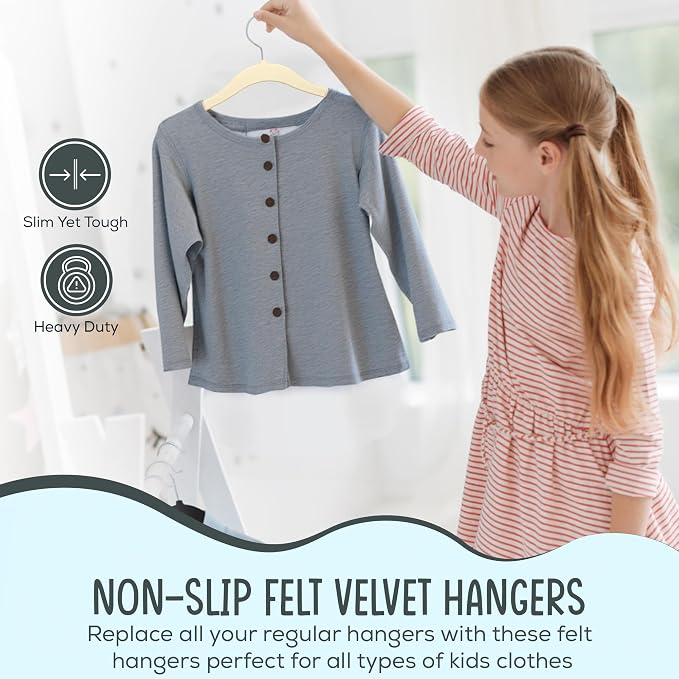 TechZoo 25 Premium Kids Velvet Hangers - 14" Non-Slip Clothes Hangers for Kids & Preteens - Ultra Slim, Space-Saving, Strong & Durable Hangers with 360° Swivel Hook - Beige - Image 4