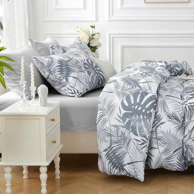 MUXHOMO Black&Grey Bed in a Bag Queen 7 Pieces, Queen Comforter Set Reversible Botanical Flowers Design, Ultra Soft & Breathable Bedding Sets with Comforter, Sheets, Pillowcases & Shams