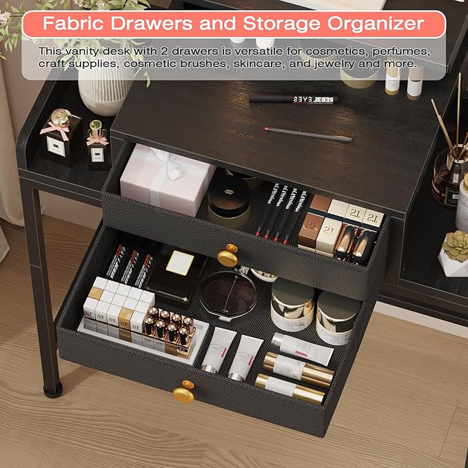 HIGDBFE Vanity Desk with Mirror and Lights, 28.4''W Small Makeup Vanity Table with Height-Adjustable Stand, 2 Fabric Drawers Compact Makeup Desk, Gift for Girls, Bedroom Small Space, Black