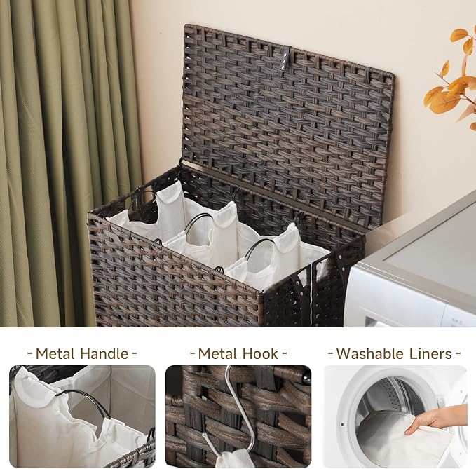 Laundry Hamper with Wheels, 39.6 Gallon(150L) Rolling Laundry Basket with Lid, 3-Section Rattan Clothes Hamper with 3 Removable Liner & 3 Mesh Bags, Laundry Sorter with Side Pocket, Brown - Image 5