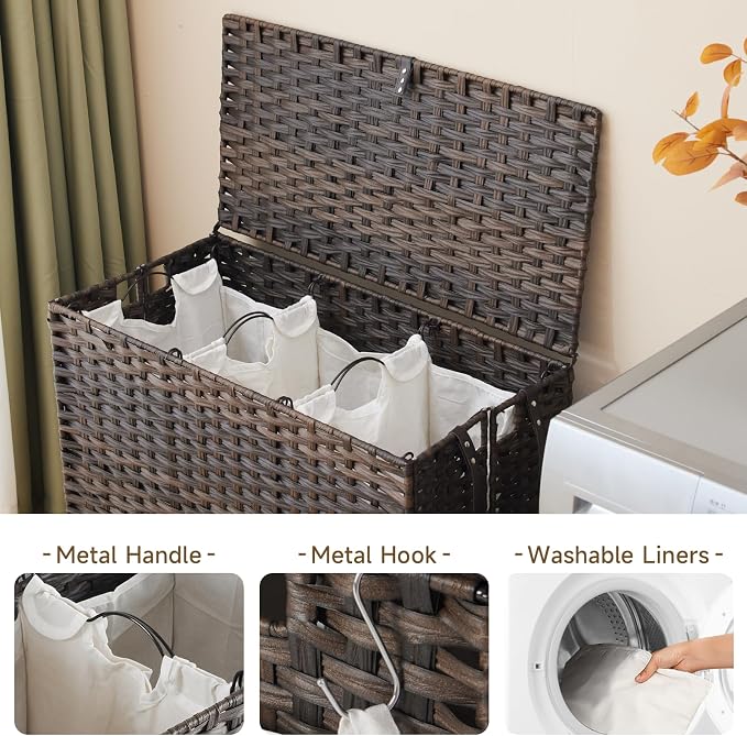 Laundry Hamper with Wheels, 52.8 Gallon(200L) Rolling Laundry Basket with Lid, 3-Section Rattan Clothes Hamper with 3 Removable Liner & 3 Mesh Bags, Laundry Sorter with Side Pocket, Brown - Image 5