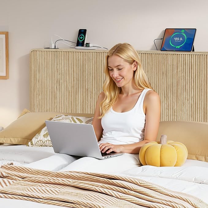 AVZEAR Fluted Headboard King Size, Wood Wall Mounted Headboard Modern Boho King Headboard Only with 2 Outlets and USB & Type C Port, Curved Wooden Bed Headboards, Stylish Bedroom Decor, Natural