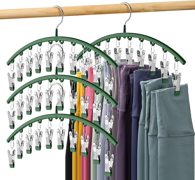 Legging Organizer for Closet, Metal Yoga Pants Hangers 4 Pack w/10 Clips Holds 40 Leggings, Space Saving Hanging Closet Organizer w/Rubber Coated Closet Organizers and Storage, Green by Volnamal
