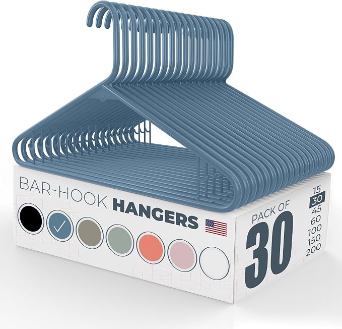 Neaties Plastic Hangers 30 Pack – Made in the USA – 6lb Capacity Standard Clothes Hangers with Strap Hooks for Dresses, Lingerie, Shirts, Pants, and Jackets – Blue by NeatiesHangers
