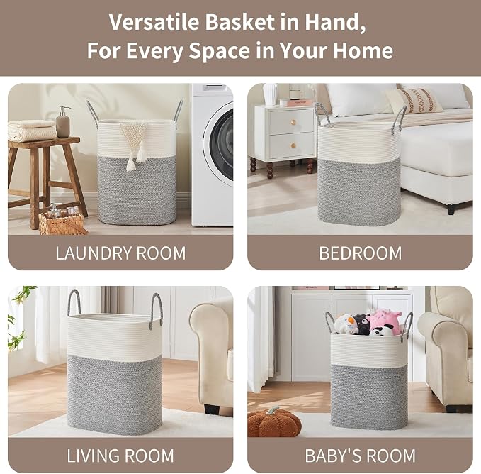 AINUOQI Laundry Basket with Handles - Blanket Basket & Hampers for Bedroom Aesthetic, Laundry Hamper & Blanket Storage for Living Room, Clothes Hamper, Tall, Large 17" x 14" x 24”, White & Grey - Image 3