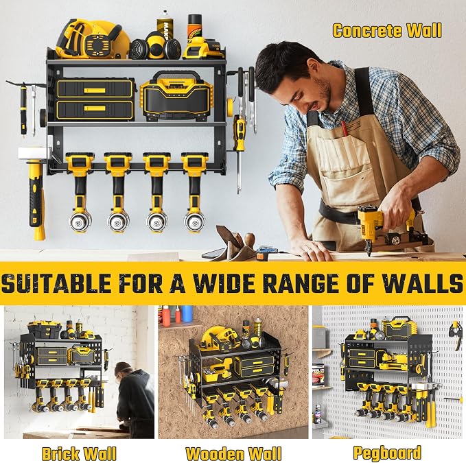 SUNALLY Power Tool Organizer, Heavy Duty Wall Mount Tool Organizer 3 Layers with 4 Drill Holders, Garage Tools Storage Rack with 2 Side Pegboards and Hooks for Workshop, Shed, Black - Image 6