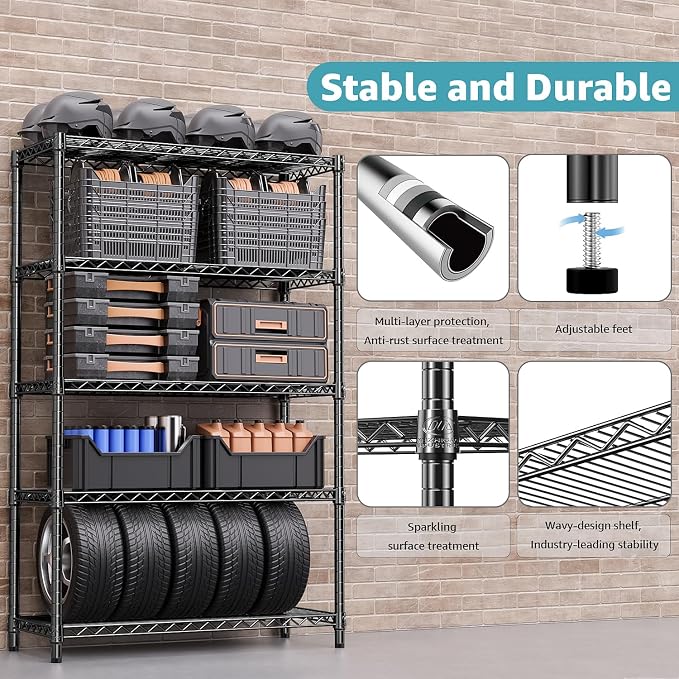 M MZG 1750 lbs Steel Storage Shelving 5-Tier Utility Shelving Unit Steel Organizer Wire Rack for Home,Kitchen,Office,Garage, 1750 LBS Capacity 17.7" D x 47.2" W x 72.3" H - Image 5