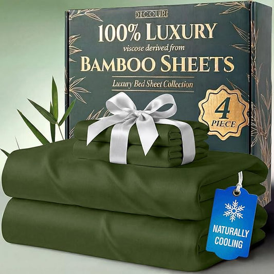 DECOLURE 100% Viscose Derived from Bamboo Sheets Twin Size - Luxury 4 Pc Naturally Cooling Sheets, Ultra Soft Bed Set - Deep 17" Pockets, Durable Double Stitching, Oeko Tex Standard (Olive)