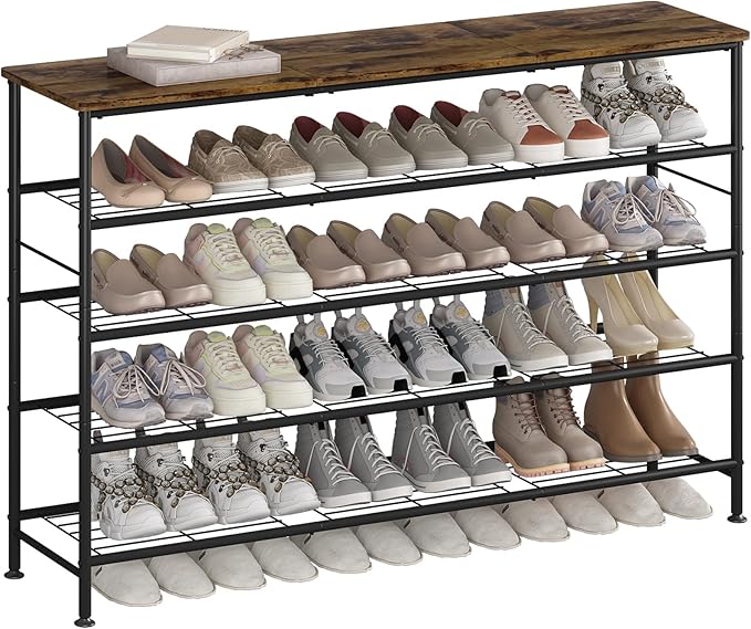 SUOERNUO Shoe Rack 5 Tier Shoe Storage Organizer Metal Mesh Shelves with MDF Top Board for Entryway, Hallway, Closet,Bedroom，Living Room (Black+Rustic Brown, Large 5 Tier) by SUOERNUO